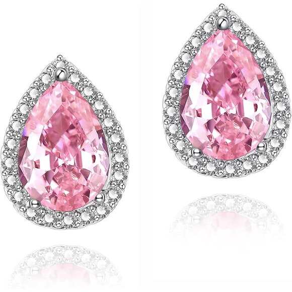 Women's Teardrop Dainty Birthstone Cubic Zirconia Light Pink Elegant Earring - Picture 1 of 6